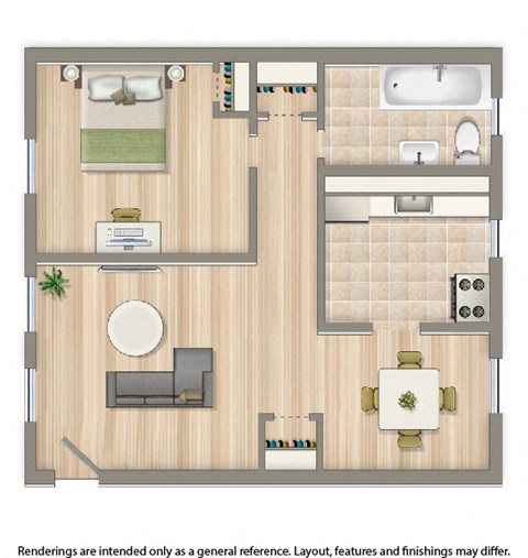 Floor plan for 1 bed, 1 bath, 577 sqft